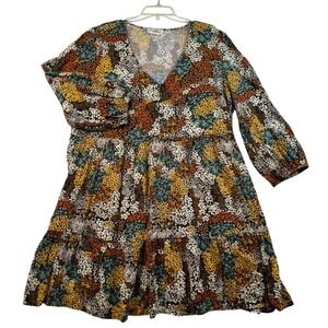 Perfectly Priscilla Floral Tiered Babydoll Dress V-Neck Long Sleeve Multi 3XL